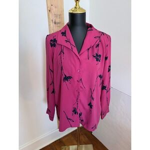 Alfred Dunner Petite 12P Pink Black Floral Button Front Blouse Top